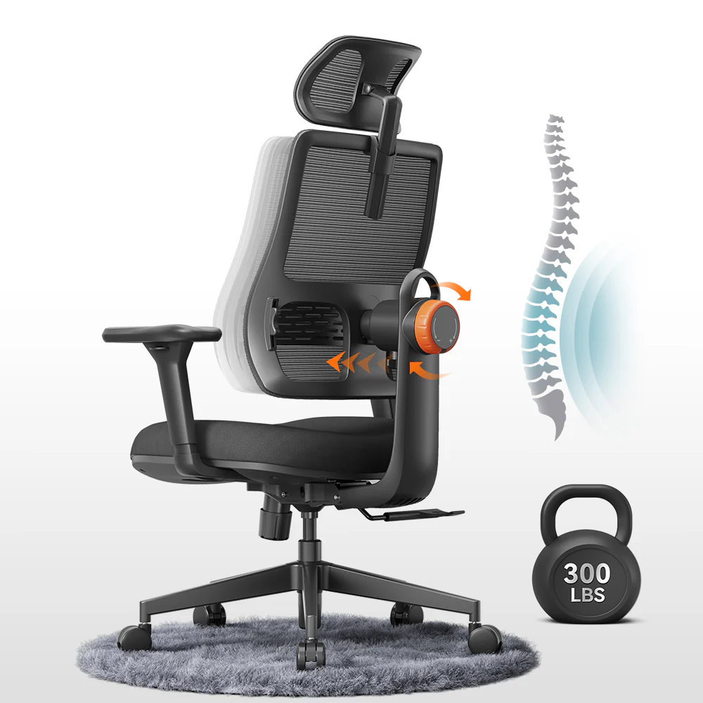 Ergonomic mesh office chair with adjustable lumbar support highlighted, showing 300LBS weight capacity