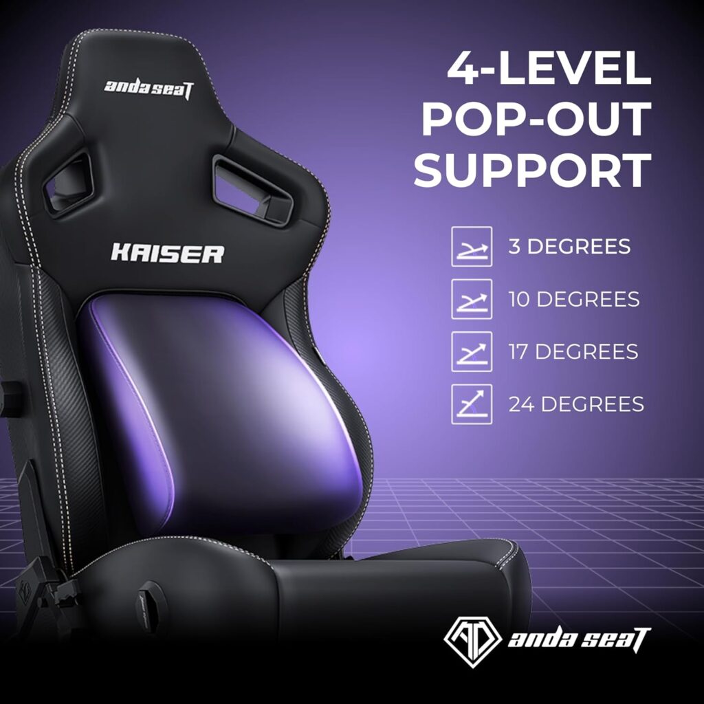 AndaSeat Kaiser 4 gaming chair showing 4-level pop-out lumbar support with 3 to 24 degree adjustment range