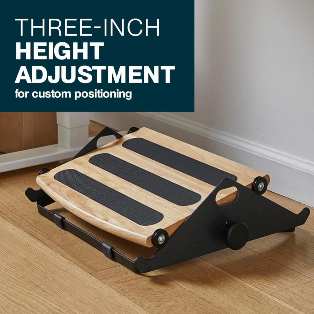 Humanscale FM300 wooden ergonomic footrest with non-slip surface for home office desk"