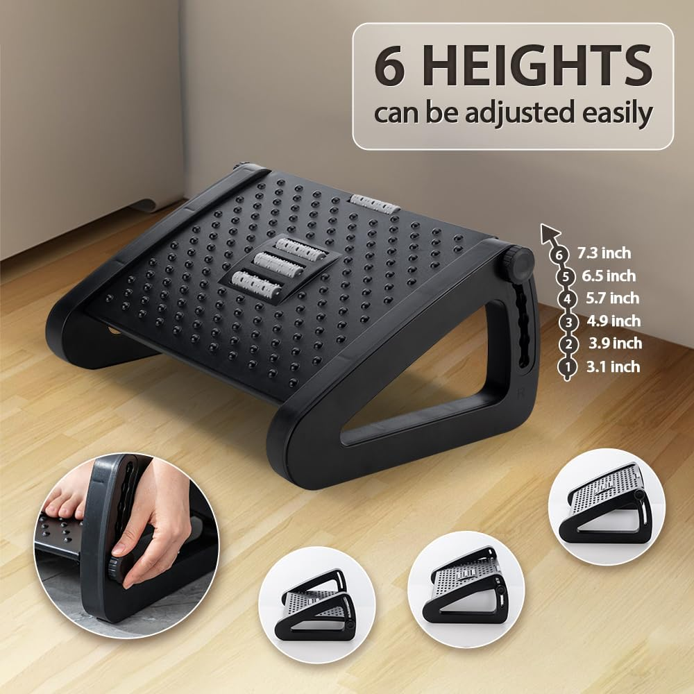 CasaZenith six height adjustable ergonomic footrest with massage rollers for home office"