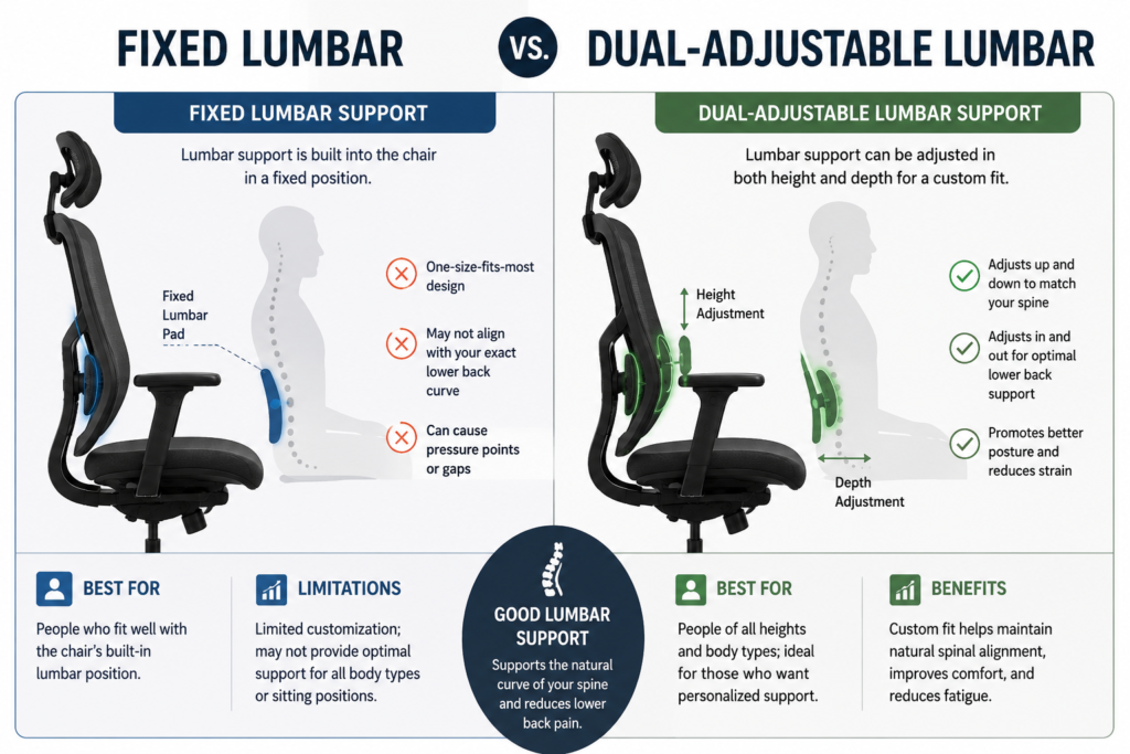Side-by-side infographic comparing fixed lumbar support and dual-adjustable lumbar support in ergonomic office chairs, illustrating how fixed lumbar support stays in one position while dual-adjustable support allows both height and depth adjustments for a customized fit, improved spinal alignment, greater comfort, and reduced lower back strain.
