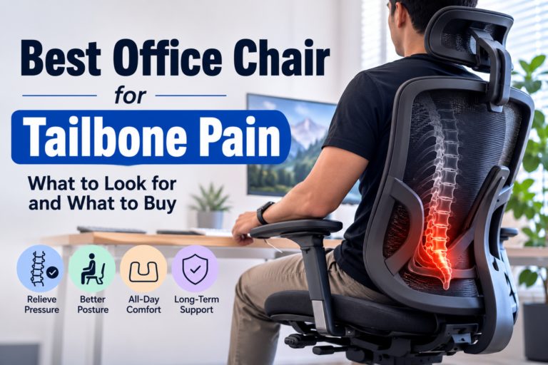 Person sitting in an ergonomic office chair designed for tailbone pain relief in a modern home office, highlighting lumbar support, pressure relief, improved posture, and all-day comfort.