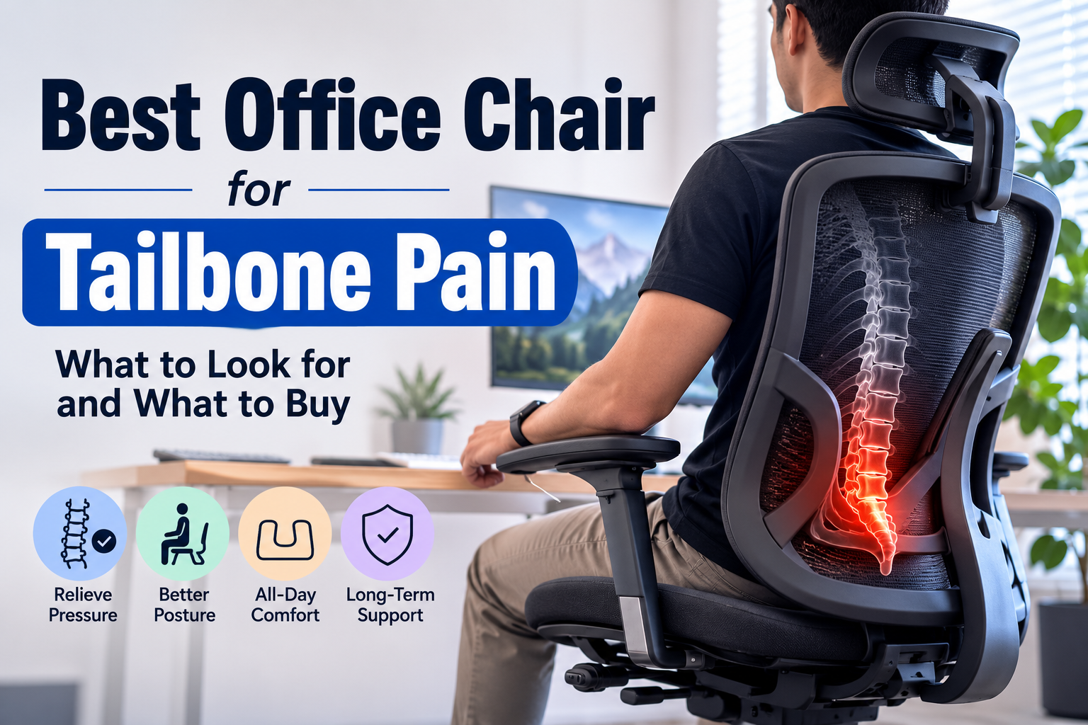 Person sitting in an ergonomic office chair designed for tailbone pain relief in a modern home office, highlighting lumbar support, pressure relief, improved posture, and all-day comfort.
