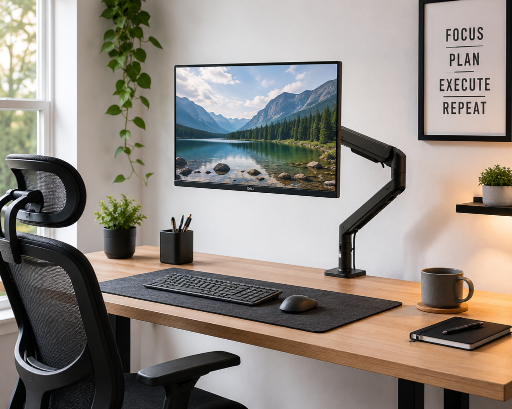 Monitor arm holding a screen at eye level on a clean home office desk with ergonomic mesh chair keyboard and mouse