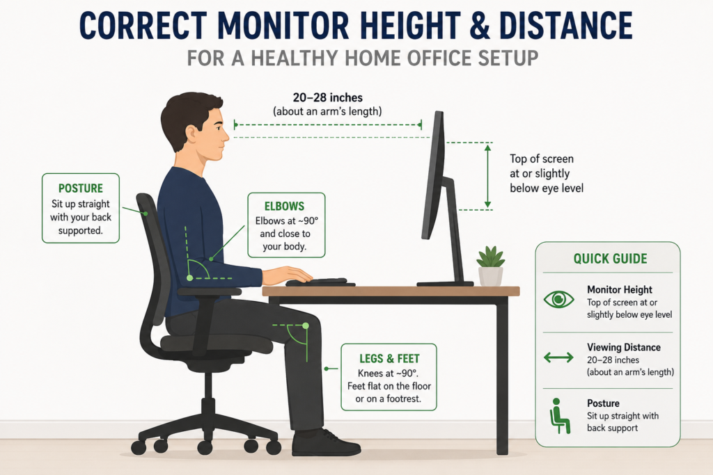 Side-view diagram showing correct monitor height and viewing distance at a home office desk, with the top of the screen at or slightly below eye level and the monitor positioned 20–28 inches away.