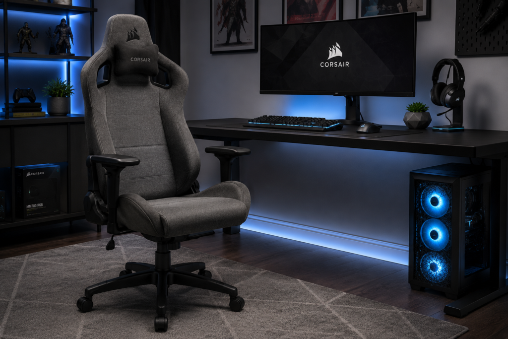 Gray-and-black fabric gaming chair in a modern gaming setup with a black desk, ultrawide monitor, PC tower, keyboard, and blue LED lighting.