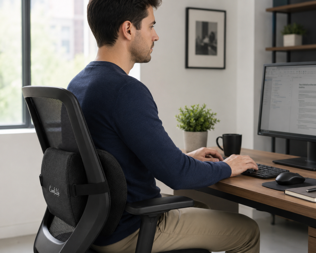 Person sitting at an office desk in an ergonomic chair with a lumbar support pillow positioned behind their lower back while working on a computer in a modern office.