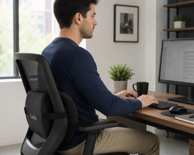 Person sitting at an office desk in an ergonomic chair with a lumbar support pillow positioned behind their lower back while working on a computer in a modern office.