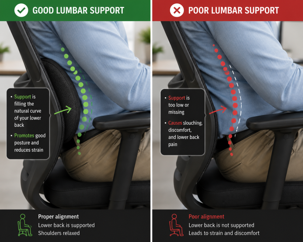 Diagram comparing good lumbar support versus poor lumbar support in an office chair showing spine alignment