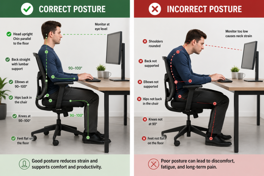 Side-by-side comparison showing correct and incorrect seated posture at an office desk, highlighting proper spinal alignment, monitor height, elbow and knee angles, and foot placement versus slouched posture with poor ergonomics that can contribute to neck, shoulder, and lower back strain.