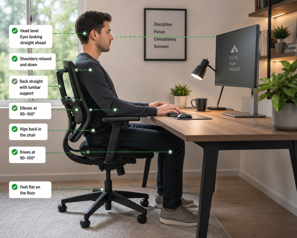 Correct ergonomic sitting posture diagram showing head level, back straight with lumbar support, elbows at 90 degrees, and feet flat on the floor