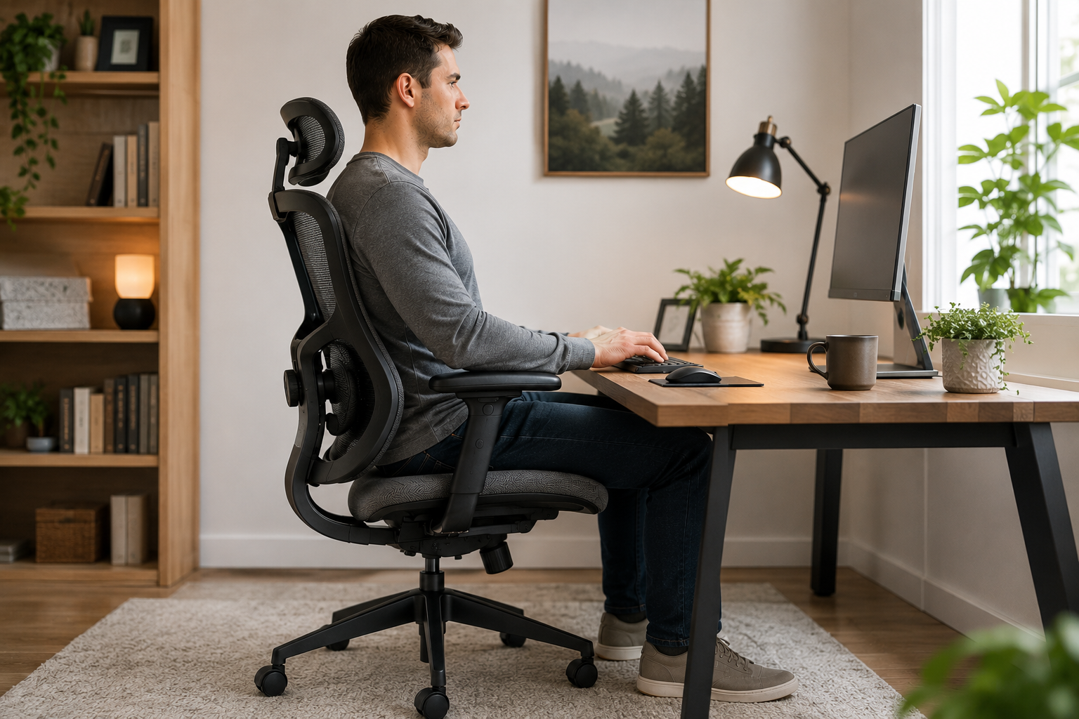 an sitting in an ergonomic mesh office chair at a home office desk with correct posture and monitor at eye level