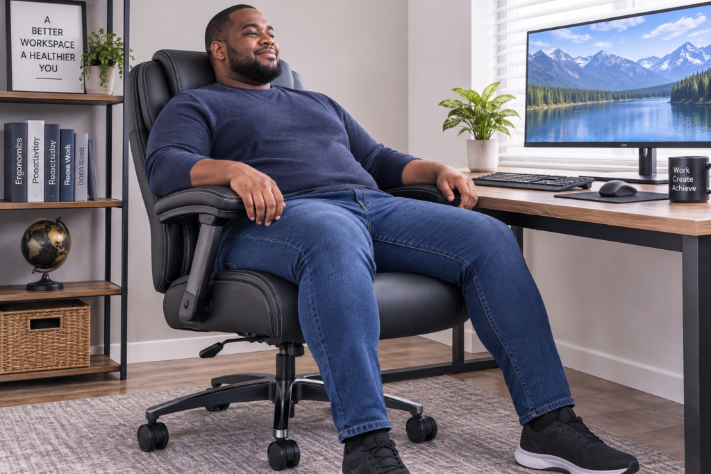 Man with a larger frame sitting comfortably in a big and tall office chair with a wide seat and reinforced base at a home office desk