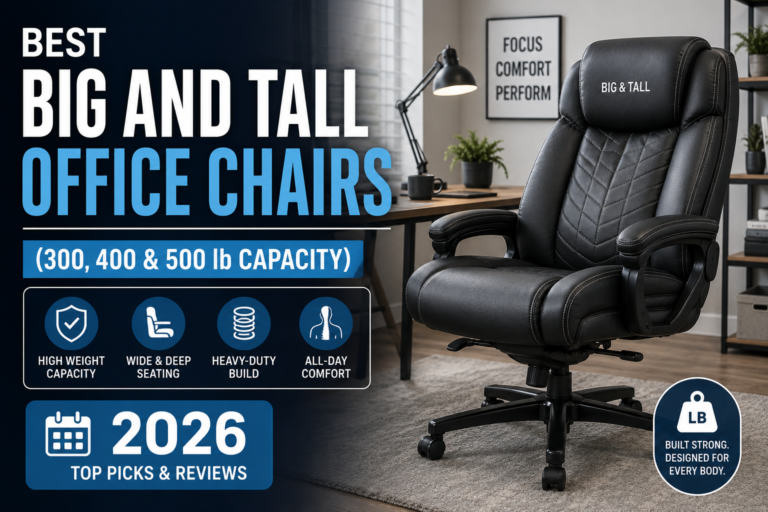 Best Big and Tall Office Chairs (300, 400 & 500 lb Capacity) in 2026" showing a premium black ergonomic big and tall office chair with a wide seat, high back, padded armrests, and reinforced metal base in a modern home office. The graphic highlights high weight capacity, wide and deep seating, heavy duty construction, all day comfort, and 2026 top picks and reviews.